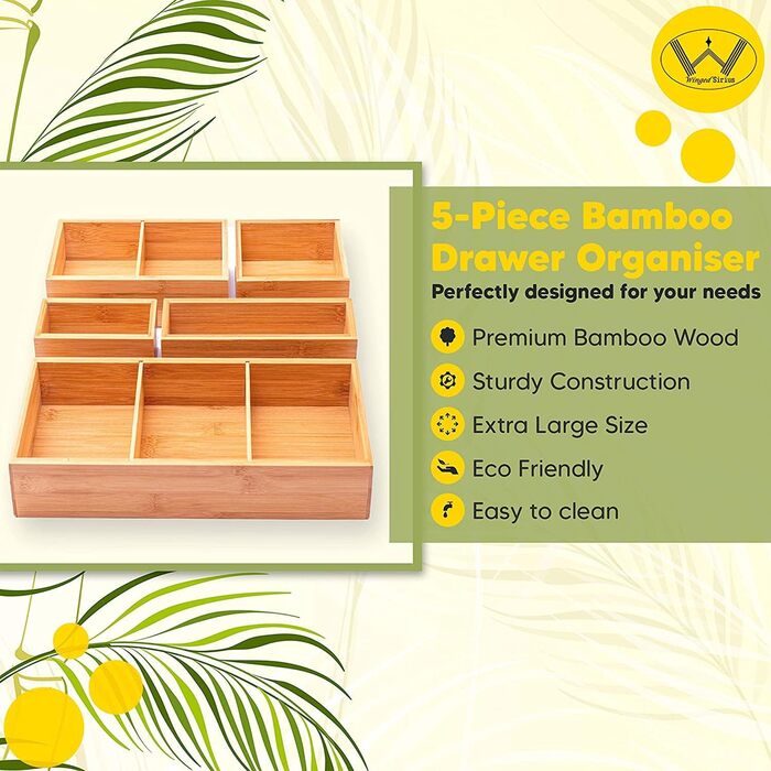 Bamboo Drawer Organizers, 5-Piece Set, with Various Compartments and Removable Dividers, Set of 5 Sturdy Wooden Storage Boxes with Extra Foot Pads for Home and Office