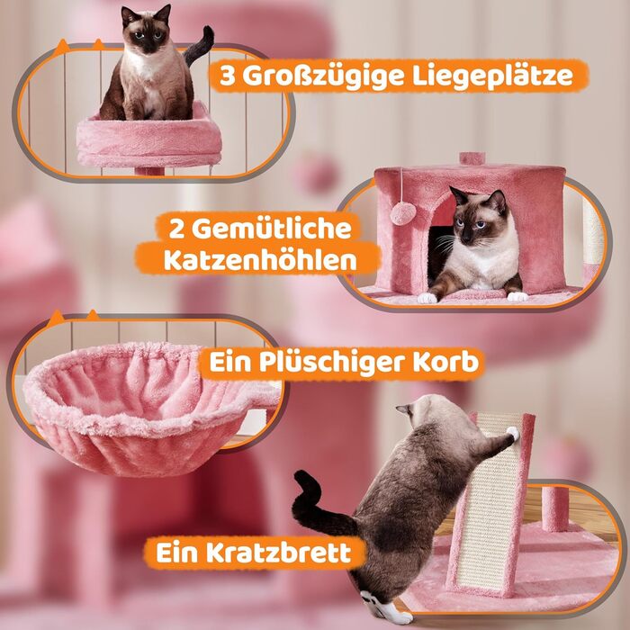 Кігтеточка-комплекс Yaheetech для котів 174 см з 3 платформами, ігровий будиночок, рожевий