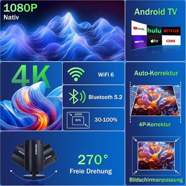 Портативний проєктор Mini Beamer 4K з WiFi 6, Bluetooth 5.2 та Android, 1080P Full HD, автоматична корекція трапеції, підтримка PC/HDMI/USB, з пультом та мишкою, чорний