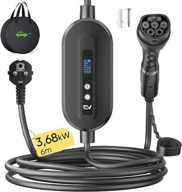 Кабель для зарядки електромобіля EVJUICION Typ 2 Schuko, 3.68kW, 6м, 6-16A, IP67. Підходить для ID.3, ID.4, X1, Model Y/3 та інших PHEV/EV