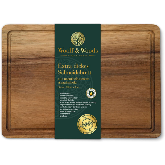Дерев'яний обробний дошка Woolf & Woods з акціїї, великий, 35x25x3 см | Обробна дошка та сервірувальна таця | Екологічний, не оброблений