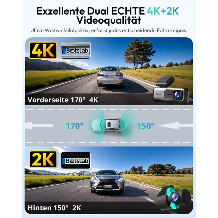 Автомобільний відеореєстратор BOTSLAB G980H 4K Dual (передній та задній), GPS, WiFi, ADAS, нічна зйомка, кут 170°, IPS дисплей 2.45