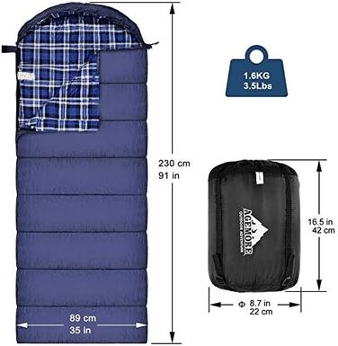Adult Cotton Flannel Sleeping Bag - Camping, Hiking, Travel - Lightweight 3-4 Season Sleeping Bag (Blue/Blue)
