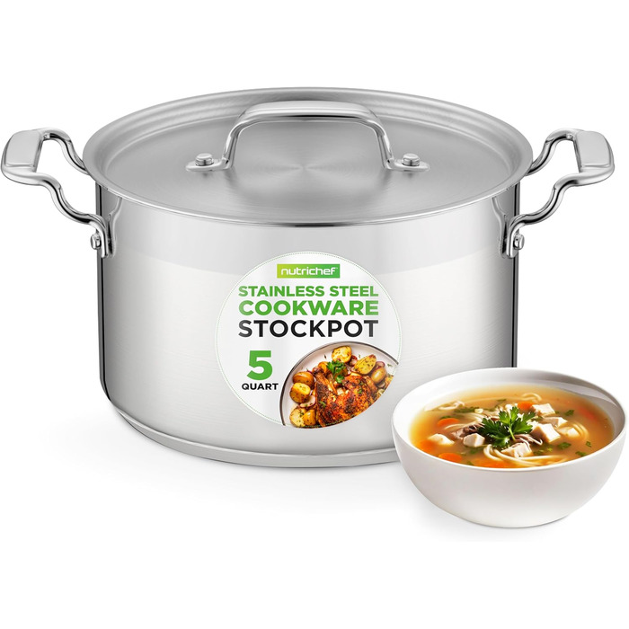 NutriChef Каструля з нержавіючої сталі 18/8, 5 л, для супу та рагу, важка, з кришкою, для індукції, кераміки та галогенових плит, можна мити в посудомийці