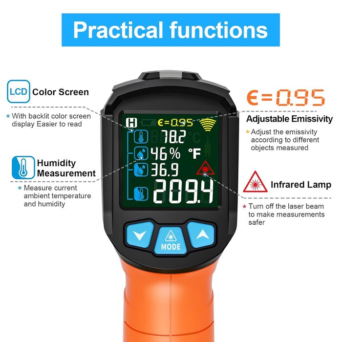 Інфрачервоний термометр MESTEK з лазерним цілевказівником та K-зондом (-50°C ~ 800°C) - безконтактний вимірювач температури з LCD дисплеєм, сигналом тривоги та регулюванням коефіцієнта випромінювання для кухні (Orange)