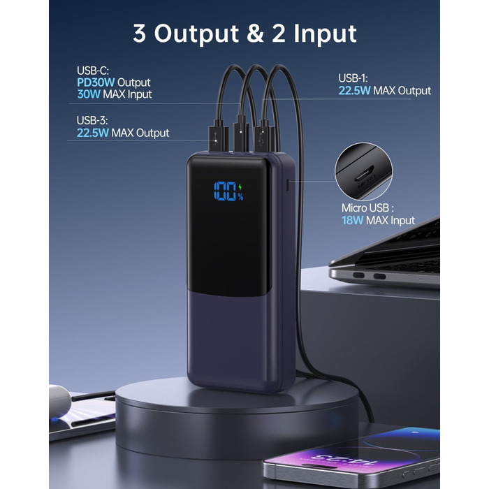 Power Bank Coblob 27000mAh з LED дисплеєм: швидка зарядка USB-C 30W, 3 виходи, 2 входи, для смартфонів, планшетів, AirPods та іншого (Темно-синій)