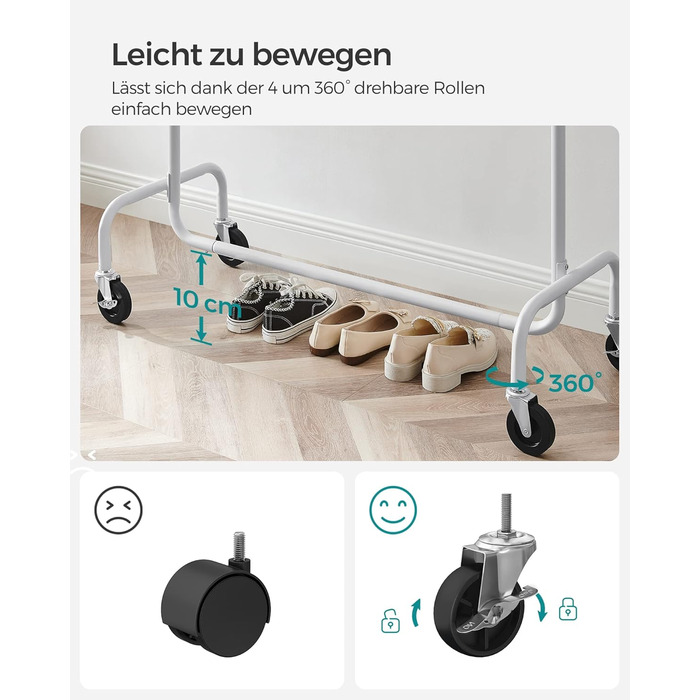 SONGMICS Clothes Rack with Wheels, Garment Rack, Heavy Duty, Extendable Clothes Rod, Holds up to 110 kg, 45 x (160-200) x 162.9 cm, Metal, Chrome, HSR176E01 ((110-150)B cm, Mattweiß)
