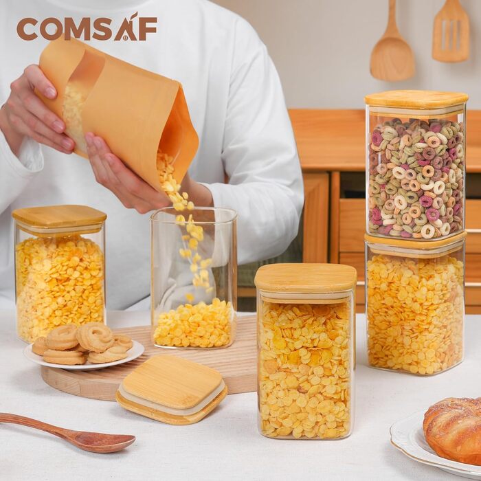 Набір скляних герметичних контейнерів ComSaf 1,1 л з кришками, 9 шт – банки для зберігання продуктів, спецій, макаронів, горіхів, борошна, солодощів