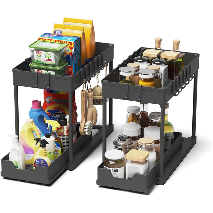 Dish Cabinet Organizer - 2 Pack Under Sink Shelf Organizer - Pull Out Storage Shelf Organizer with 16 Hooks, Black