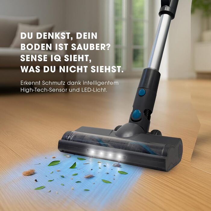 Бездротовий акумуляторний пилосос LIVINGTON Sense IQ з LED-щіткою та гнучким з'єднанням, з функцією розпізнавання бруду та 4-шаровим фільтром, тихий бездротовий пилосос без мішка