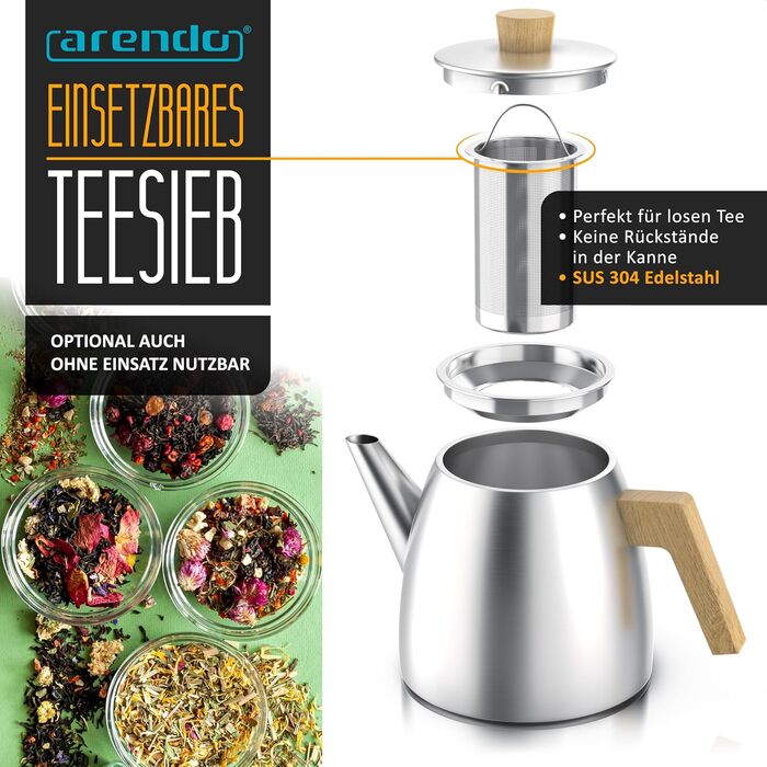 Заварник для чаю Arendo з нержавіючої сталі з ситом, 1000 мл, термос з подвійними стінками та дерев'яними ручками, сріблястий