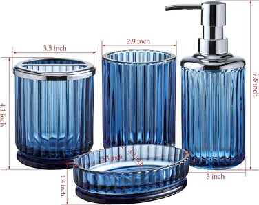 4-Piece Glass Bathroom Accessories Set with Decorative Embossed Pattern, including Hand Soap Dispenser, Cup, Soap Dish, and Toothbrush Holder, Blue-Green (Blue)