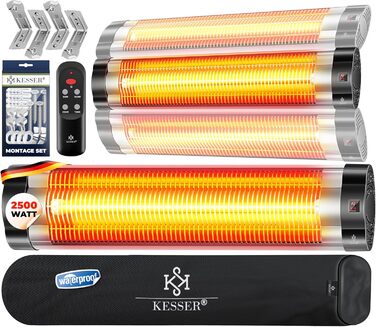 Інфрачервовий обігрівач KESSER® 2500W з пульт дистанційного керування, 3 режими, миттєвий нагрів, кріплення на стіну, для тераси, кварцовий, з захисним чохлом, таймер, антрацит (срібло)