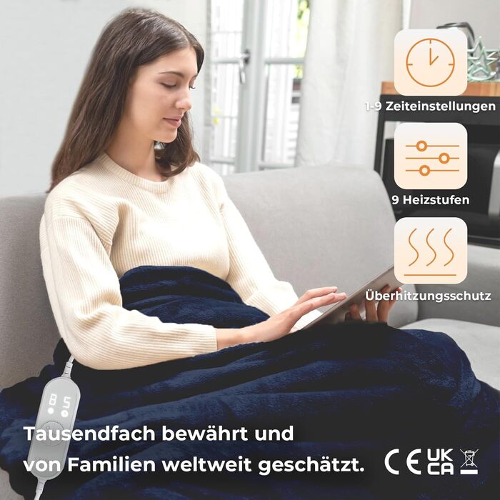 Електрична ковдра Celesta з автовимкненням, 9 температурних режимів, таймер, для софи, ліжка та офісу (Морська синя, 180 x 130 см)