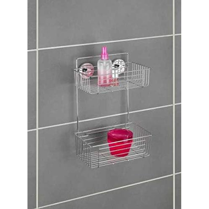 WENKO Vacuum-Loc 2-Tier Shelf, Bari, Wall Shelf for Bathroom and Kitchen, Drilling-Free Mounting with Vacuum, Chrome-Plated Metal, 26 x 38 x 17 cm
