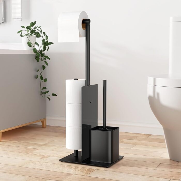 Stainless Steel Toilet Paper Holder with Brush - Standing Toilet Paper Roll Holder & WC Brush Set with Glass Shelf (Matte Black)