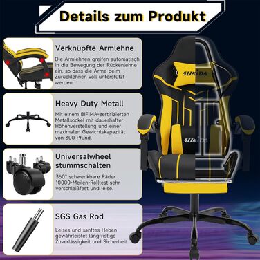 Ігрове крісло SUKIDA Ergonomic Gaming Chair з підніжкою та підтримкою попереку, комп'ютерне офісне крісло (Чорно-жовте)