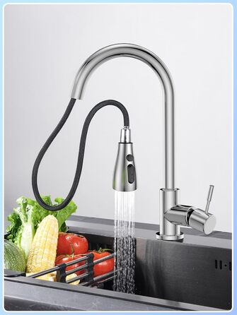 Кухонний змішувач SREWOHS PRO з висувним виливом, 360° обертання, 4 режими розпилення, однорегуляторний, високий вилив, ABS-розпилювач для кухонної мийки, проста установка