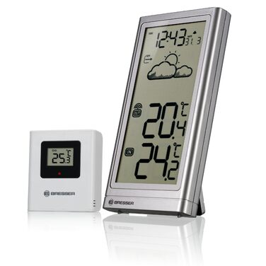 Метеостанція Bresser Meteo Temp з датчиком температури (вуличний/кімнатний), прогнозом погоди, підставкою та кріпленням на стіну, срібляста