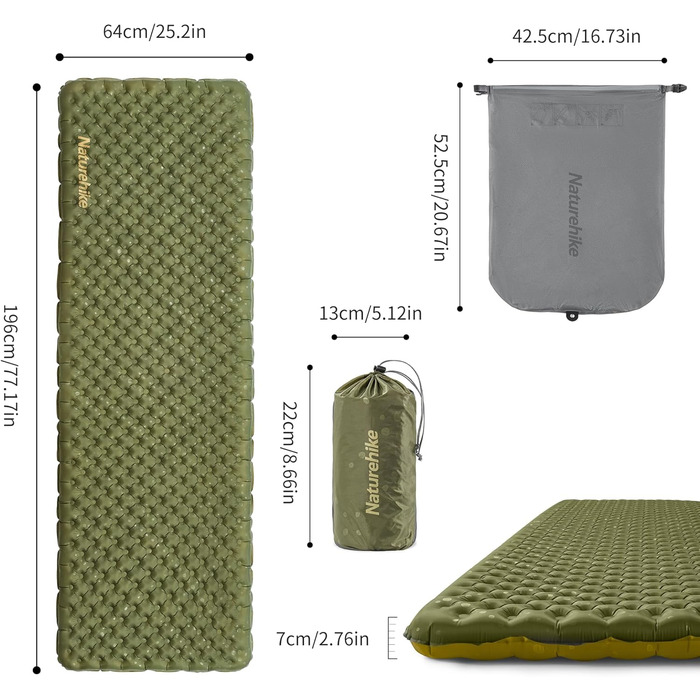 Naturehike килимок для кемпінгу Thermal 3.5R - ультралегкий, 4-сезонний (-6℃), самонадувний з надувною сумкою, високий R-значення, для зими, військовий зелений, прямокутний, XL