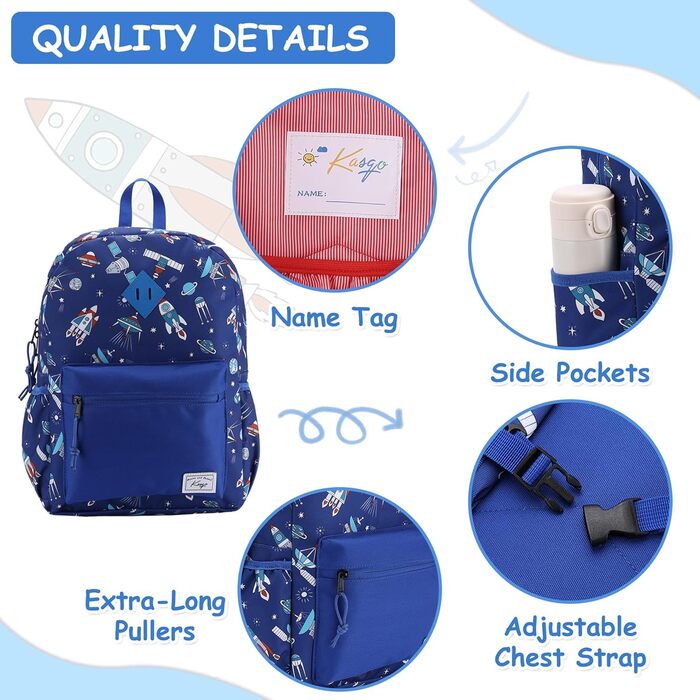 Дитячий рюкзак для школи Kinderrucksack для дівчаток та хлопчиків, 6-8 років, 1 клас, водонепроникний, 13 літрів, 29x12x38 см (Ракета)