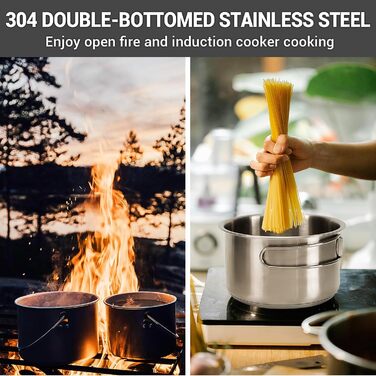 Набір посуду для кемпінгу KingCamp: нержавіюча сталь 304, для багаття, котелень, каструль, сковорода та чайник з сумкою, для кемпінгу, відпочинку на природі, кухні, приготування їжі, пікніків на 4-6 осіб, срібний набір посуду