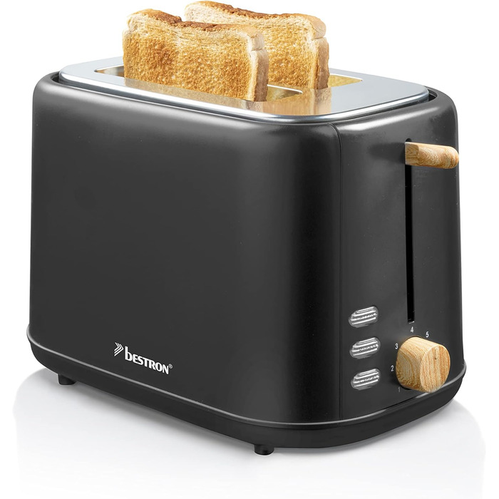 Тостер Bestron Satin Collection: 2 камери, 7 рівнів підсмажування, крихтозбірник, підставка для тостів, 1000 Вт, чорний/дерево