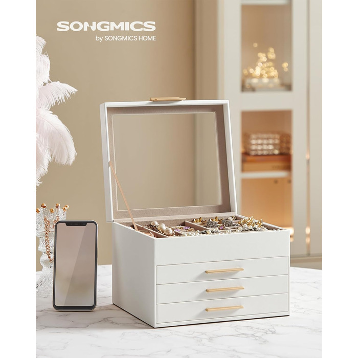 SONGMICS Скринька для прикрас з 3 рівнями, з кришкою з скла, 2 шухляди, білий + золотий, JBC239WT