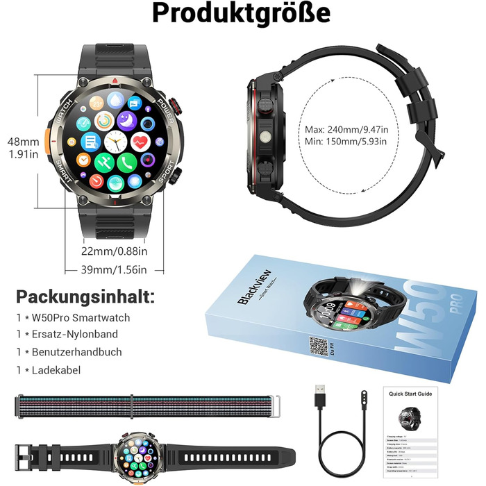 Смарт-годинник Blackview IP68: Компас, 100 днів автономії, Bluetooth-дзвінки, моніторинг серця та сну, 100+ режимів спорту, сумісний з Android/iOS, чорний