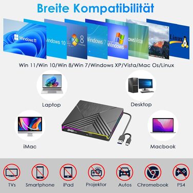 Зовнішній DVD-привід з RGB-підсвіткою, USB 3.0 та Type-C, CD/DVD+/-RW записувач та плеєр для PC, Laptop, MacBook (Windows, macOS, Linux)