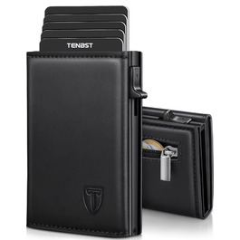 Чоловічий гаманець TENBST з RFID захистом, шкіряний Slim Wallet, картник на 8-10 карт, подарунок на День батька (Чорний/Помаранчевий)