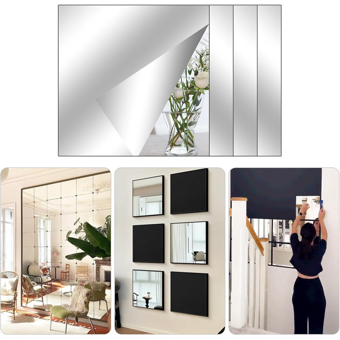 Клейкі дзеркальні наклейки на плитку, 4 шт. - Акрилові дзеркала для школи, дому, ванної кімнати (20 x 20 см, прямий кут)