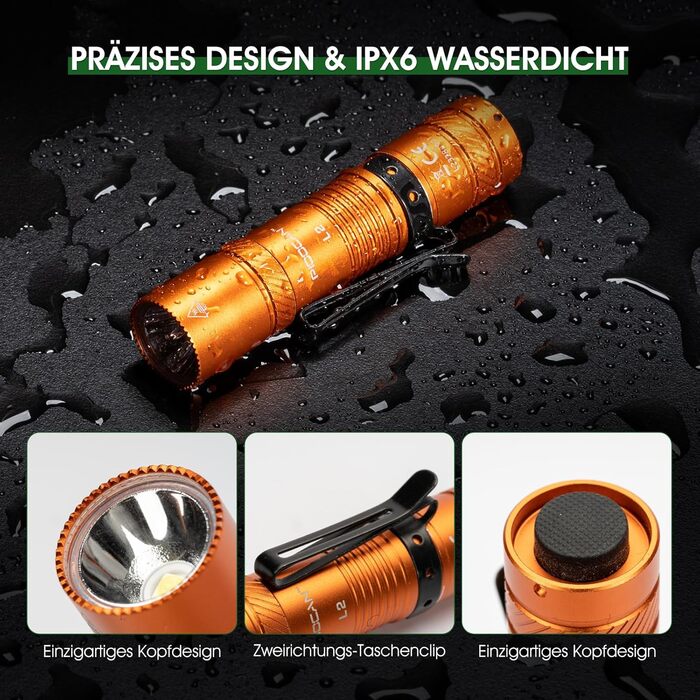 LED ліхтарик Klein 1200 люменів, перезарядний, 4 режими, міні, для кемпінгу, риболовлі, туризму, ремонту та надзвичайних ситуацій (помаранчевий)