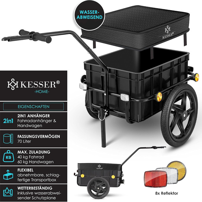 Причіп для велосипеда KESSER®: вантажний, ручний, з кутом нахилу, об'ємом 70 літрів (2 ящики для пива) + аксесуари, чорний
