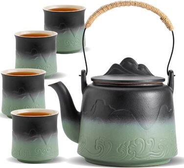 ZENS Design Japanese Teapot, 1000ml Gradient Embossed Japanese Teapot Ceramic with Built-in Strainer and Hemp Rope Handle for Loose Tea Steeper, Gift for Tea Lovers, Black & Bean Green (Black & Bean Green, 1000ml Teapot & 4 of 200ml Cups)