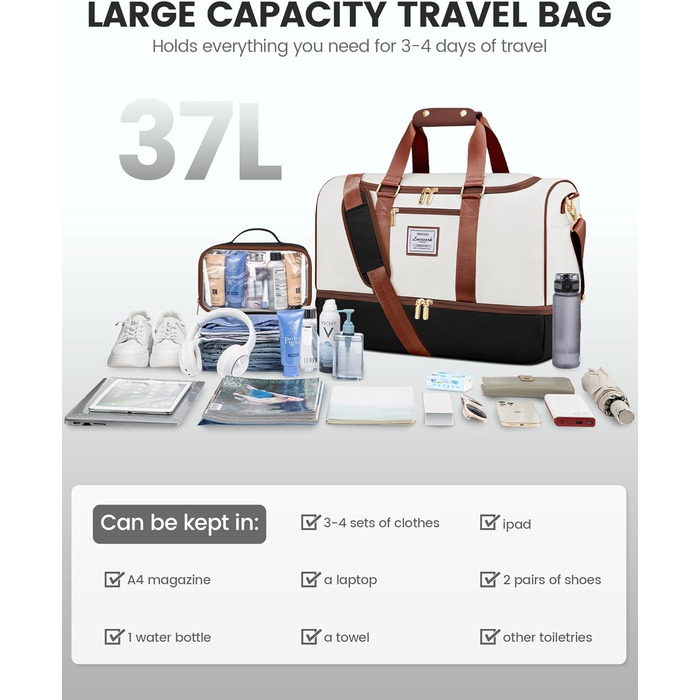 Сумка-валіза LOVEVOOK 37L для ручної поклажі: Weekender, спортивна, пляжна, з відділенням для взуття та мокрих речей, водонепроникна, для подорожей та відпочинку (M, Бежево-чорно-коричнева)