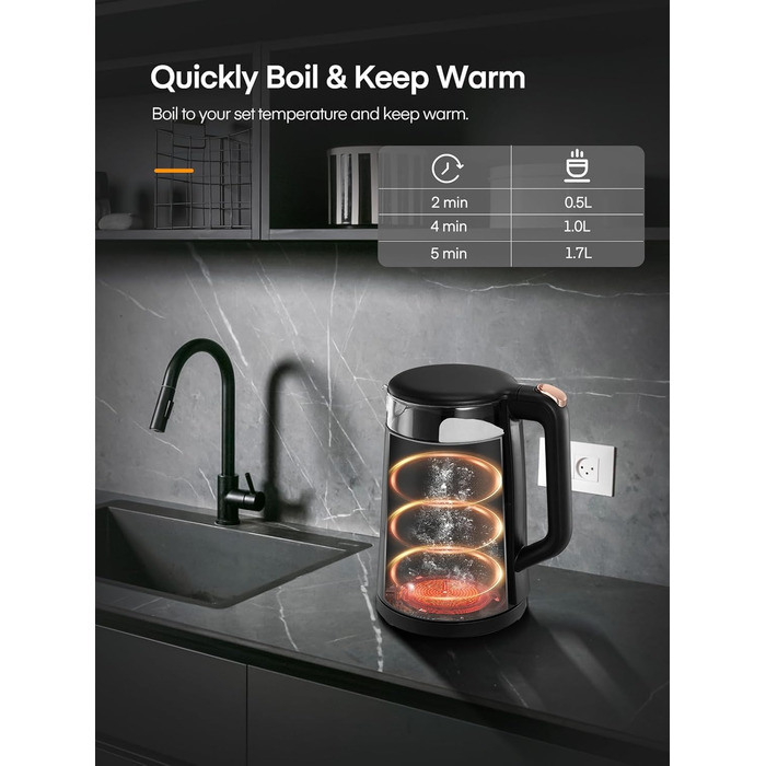Electric Kettle with Temperature Control - 1.7L Glass Kettle with Keep Warm Function, 2200W Fast Boil, Auto Shut-Off & Dry Boil Protection, 5 Color LED Lights - Black
