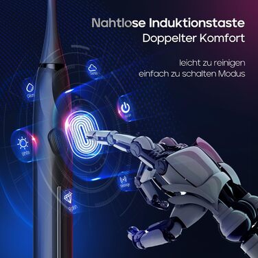 Електрична зубна щітка Seago з датчиком тиску, 40000 VPM, 8 насадок, 5 режимів, звукова, з підставкою, чохол, для дорослих, SG-2752 (Чорний)