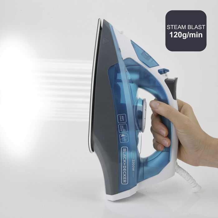 Праска з парою Black+Decker Blau BXIR2200E, 2200 Вт, пластик, 370 мл, 120 г/хв