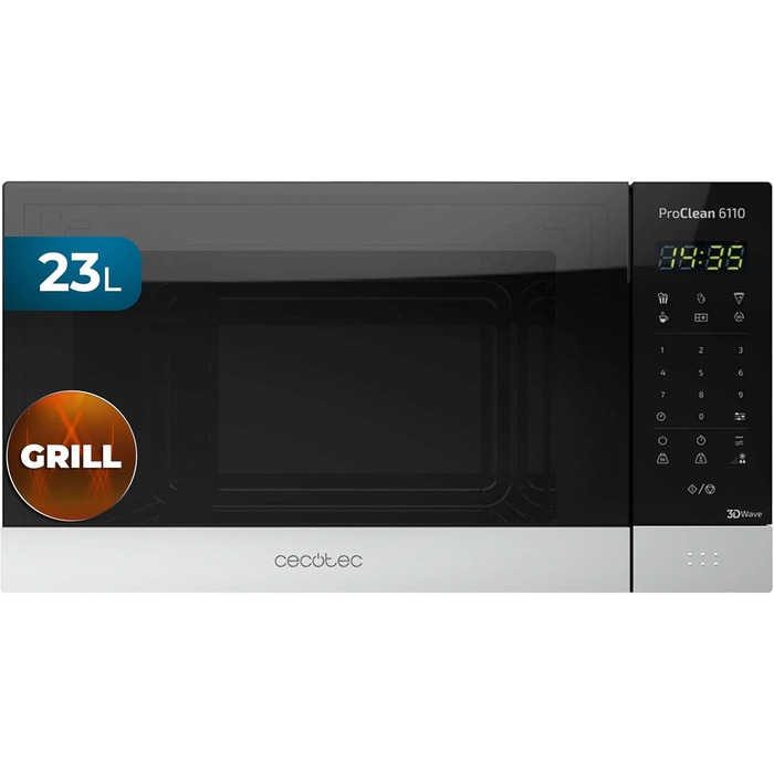 Мікрохвильова піч Cecotec Pro Clean 6110: 23 л, 800 Вт, гриль 1000 Вт, покриття Ready 2 Clean, LED, нержавіюча сталь, чорно-срібний колір
