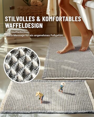 Boho Bathroom Rug Set - Non-Slip Bath Mats (2-Piece) - Washable Shower Rugs for Bathroom, Bedroom, Living Room - 51x120cm + 41x61cm (Gray & White)