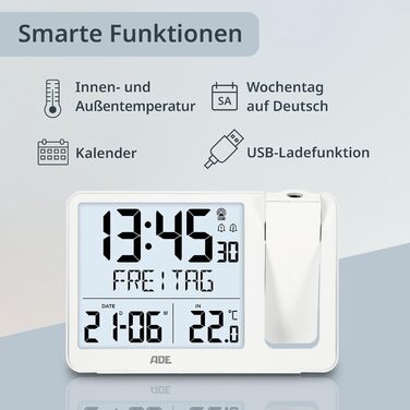 Digital Radio Alarm Clock with Projection and Outdoor Sensor | Projection Alarm Clock with 2 Alarm Times | Clock with Temperature Display, Date, and Day of the Week | Includes Power Cable | White