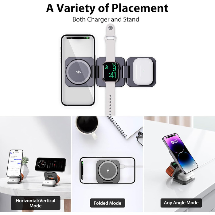 Зарядна станція KU XIU X55 15W MagSafe 3-в-1: для Apple Watch, iPhone 17-12, AirPods + USB-C 30W адаптер, сіра, складана, магнітна