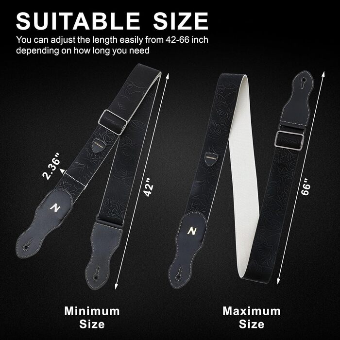 Гітарний ремінь Nefelibata з кишенькою для медіатора, 2.3 дюйми, веганська шкіра, стиль Porter, 60-ті, вестерн, вінтаж, регульований (42-66 дюймів), чорний