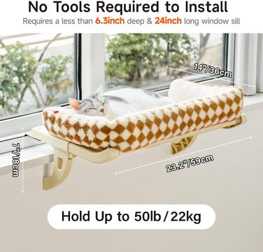 MEWOOFUN Cat Hammock Window Cat Bed Window Sill for Cats - 50x36cm Cat Bed for Radiator Cat Hammock with Soft Bed, Removable Suction Cup Free, Holds 18kg (Brown L - with Bed)