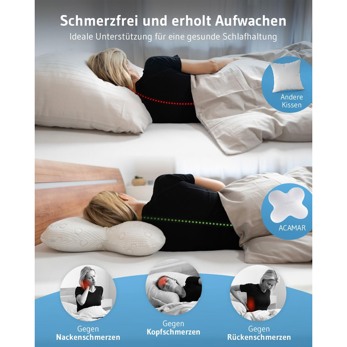 Side Sleeper Pillow ACAMAR, Third of Life - 2022 Innovation Award Winner, Orthopedic Neck Pillow for Neck Pain, Viscoelastic Memory Foam, Ergonomic Head Pillow with Thermo Cover White Thermoregulating Cover