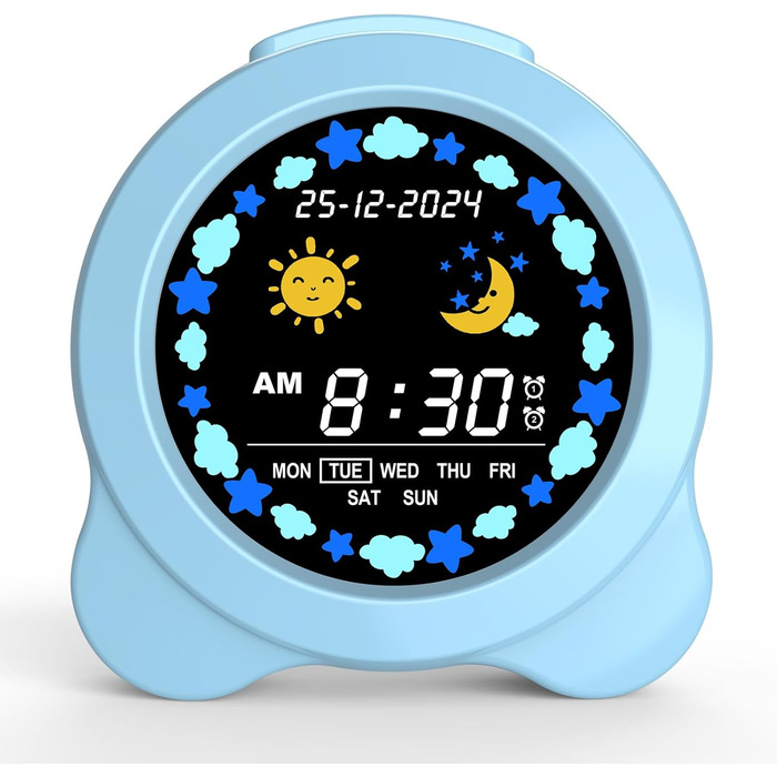 SENXINGYAN Kids Alarm Clock, Alarm Clock for Children with Sun & Moon LED Display, Day & Date Display, Sleep Trainer for Kids with Night Light & Sleep Sounds, Cute Alarm Clock for Kids Room
