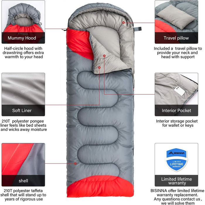 Сплячий мішок BISINNA 4 сезони, 1.9 кг, водонепроникний, для дорослих, чоловіків та жінок, кемпінг, піші прогулянки, сірий колір
