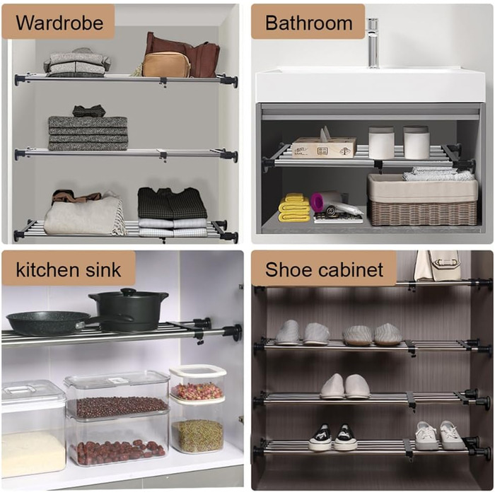 Hershii 50-80cm Extendable Closet Shelf Rod, Adjustable Closet Organizer, Pull-Out Closet Divider, Clothes Rod, Closet Metal Storage, for Wardrobe, Kitchen, Bathroom, Black