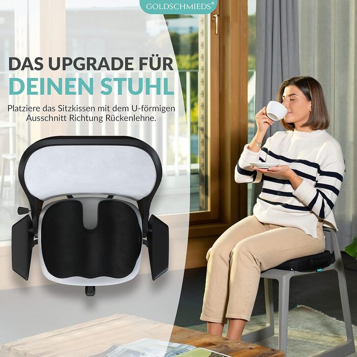 Ортопедична подушка для сидіння Goldschmieds® - для офісного крісла, авто та ін. - Знімає навантаження зі сідничної кістки, знеболює та покращує кровообіг. Made in Germany. Підходить для ваги 50-95 кг. Чорний пінополіуретан (Memory Foam)